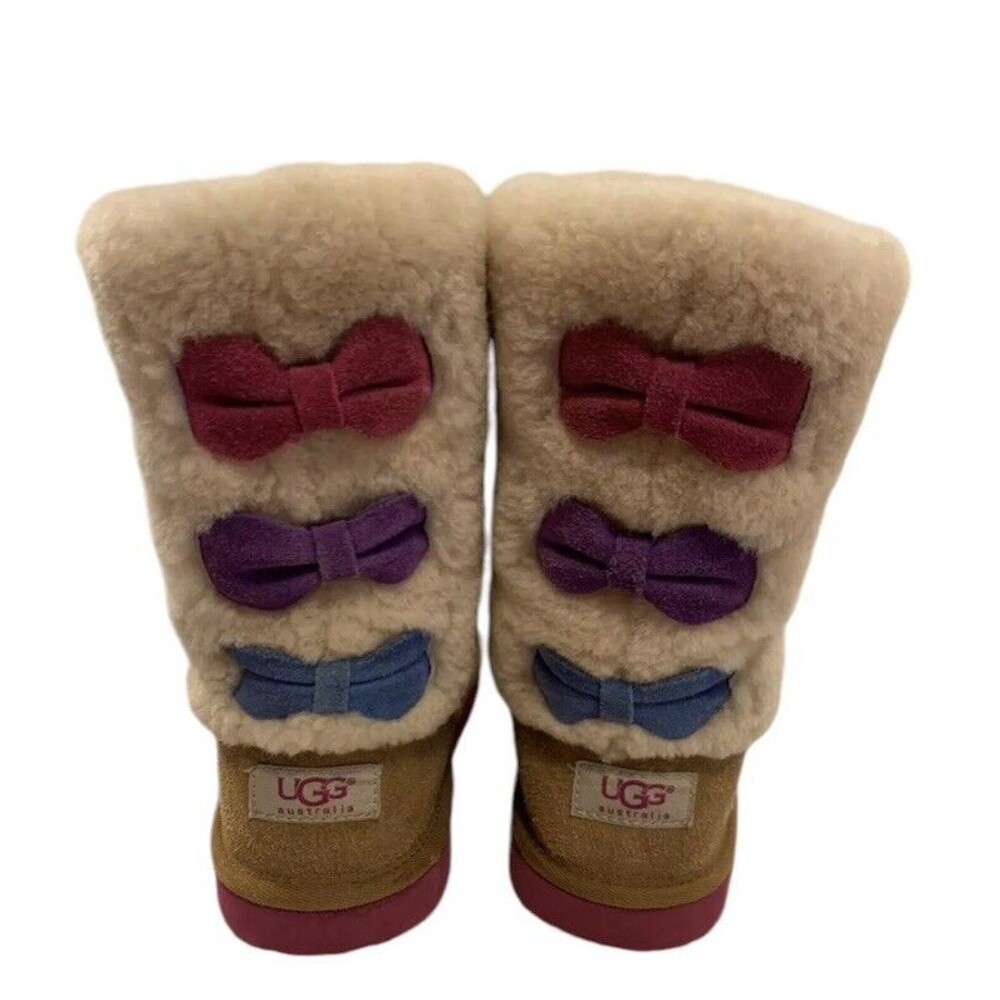 Ugg Australia Malena Boot Girls‎ Size 4 Brown Brand Purple Blue Bow 1005397K